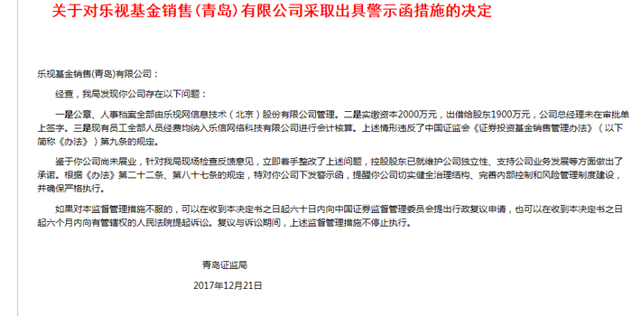 乐视基金销售公司被证监局警示 系因三项内控