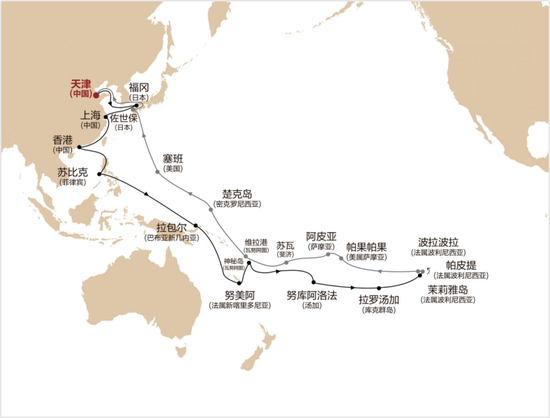 ▲图示：“环游世界53天—南太平洋寻梦之旅”航线图▲