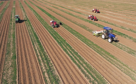 在辽宁省铁岭市铁岭县凡河镇，农民驾驶农机播种大豆（2022年5月11日摄，无人机照片）。新华社记者 杨青 摄