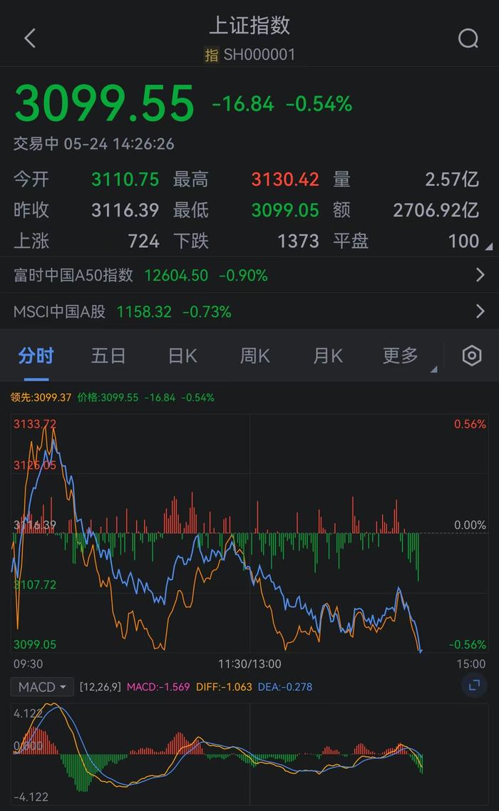 上证指数自4月29日以来首次跌破3100点。