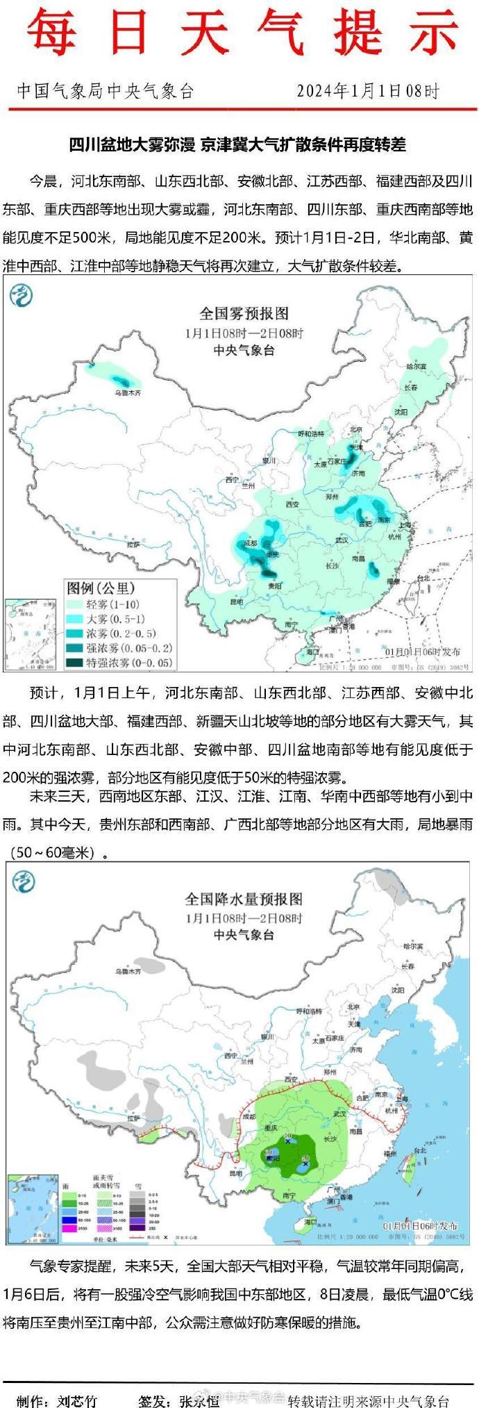 中央气象台：四川盆地大雾弥漫，京津冀大气扩散条件再度转差。