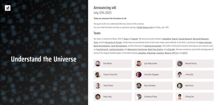 马斯克的X.AI人工智能公司推出了官方网站：x.ai。