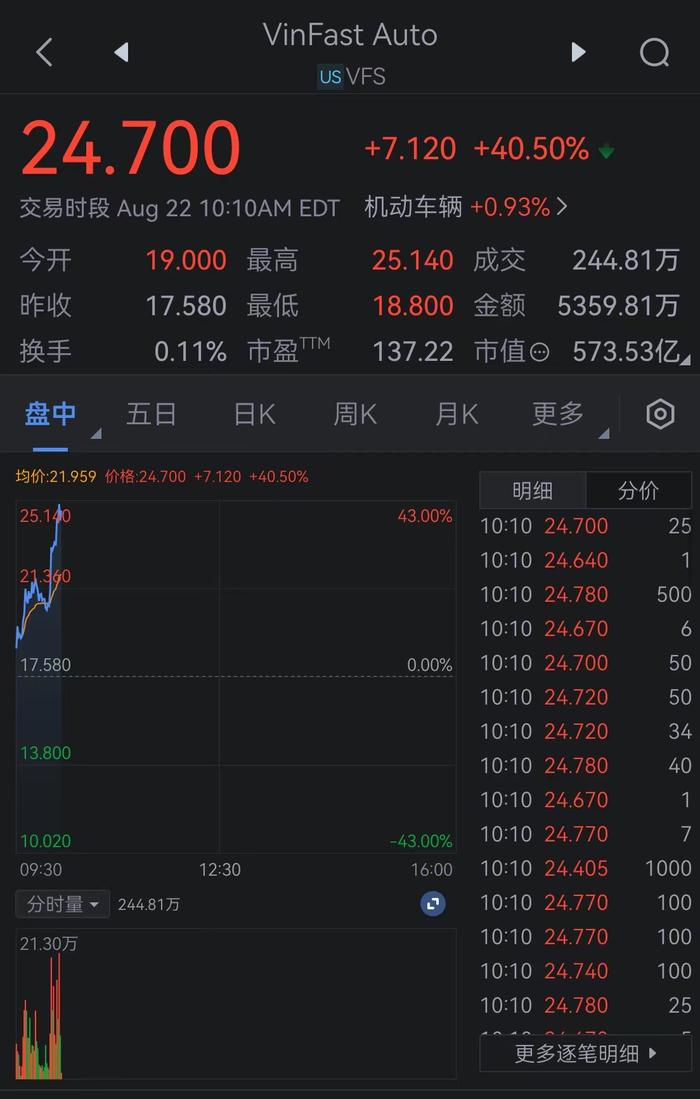 看图：“越南版特斯拉”VinFast Auto涨幅一度达42%