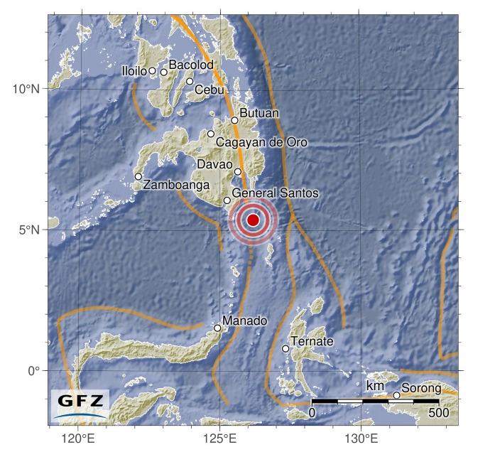 德国地学研究中心GFZ：菲律宾棉兰老岛地区发生6.6级地震。