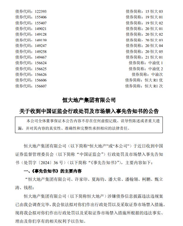 证监会拟决定对许家印、夏海钧采取终身证券市场禁入措施 对恒大地产处以41.75亿...