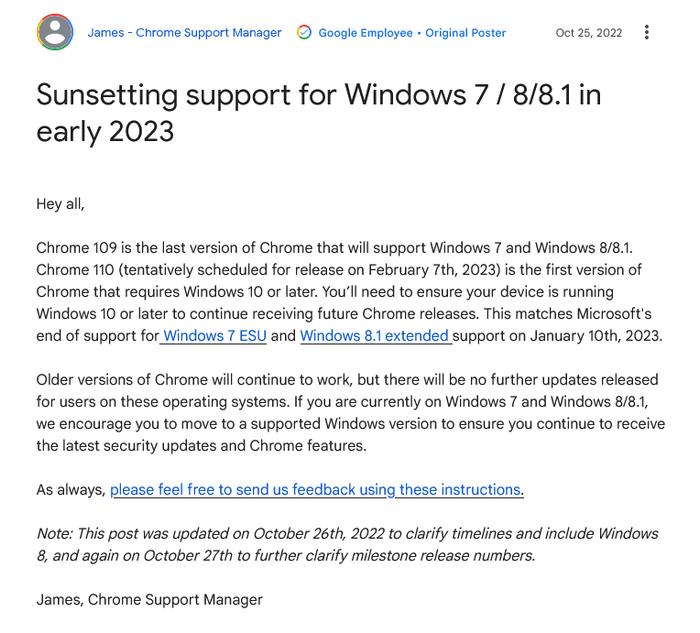 谷歌Chrome浏览器将于1月10日停止对Win7、Win8和Win8.1的支持