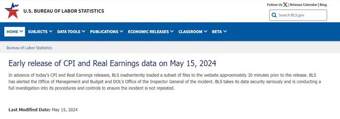 美国劳工统计局：周三公布的CPI数据意外提前30分钟发布 正展开调查