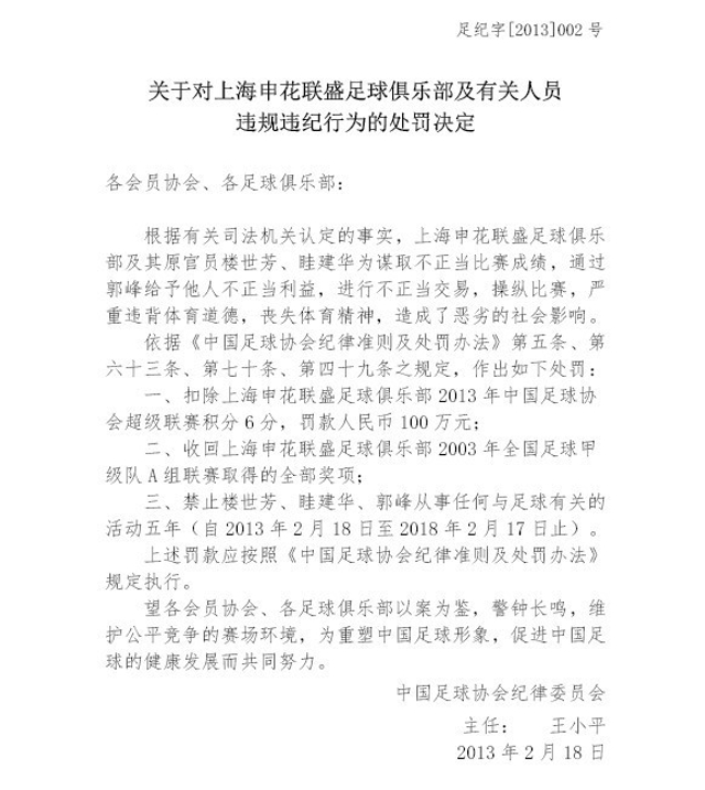 对上海申花联盛足球俱乐部处罚决定