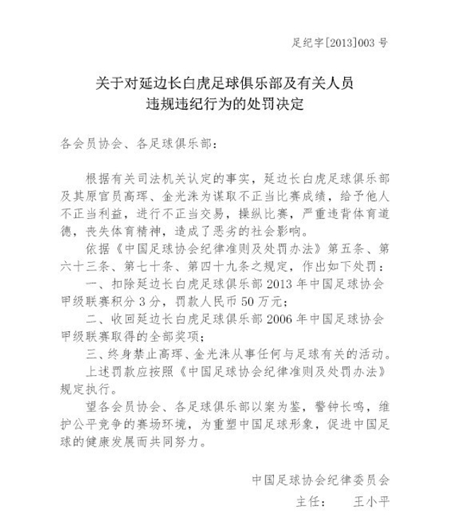 对延边长白虎足球俱乐部处罚决定