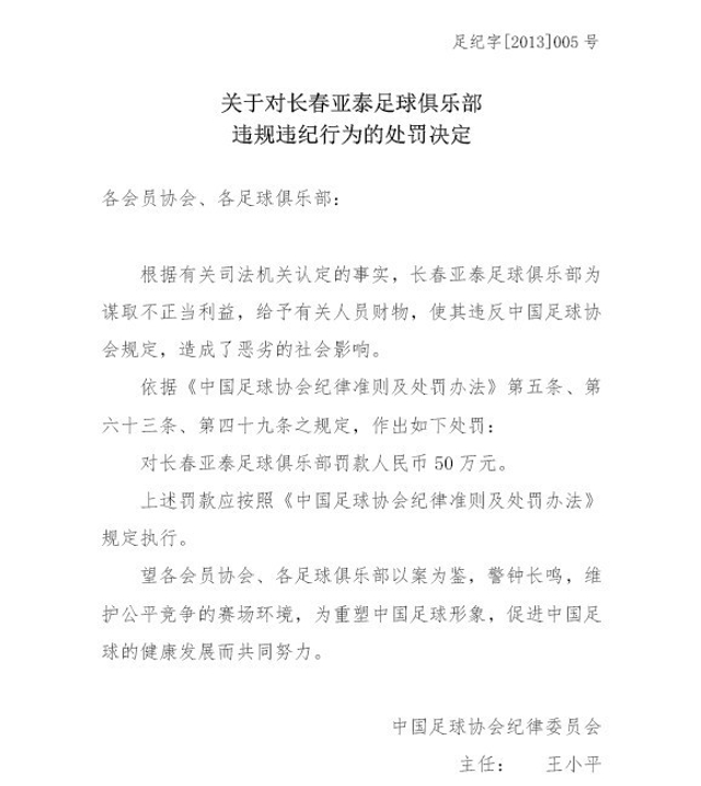 对长春亚泰足球俱乐部处罚决定