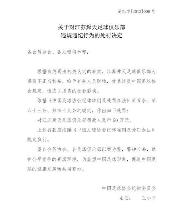 对长春亚泰足球俱乐部处罚决定