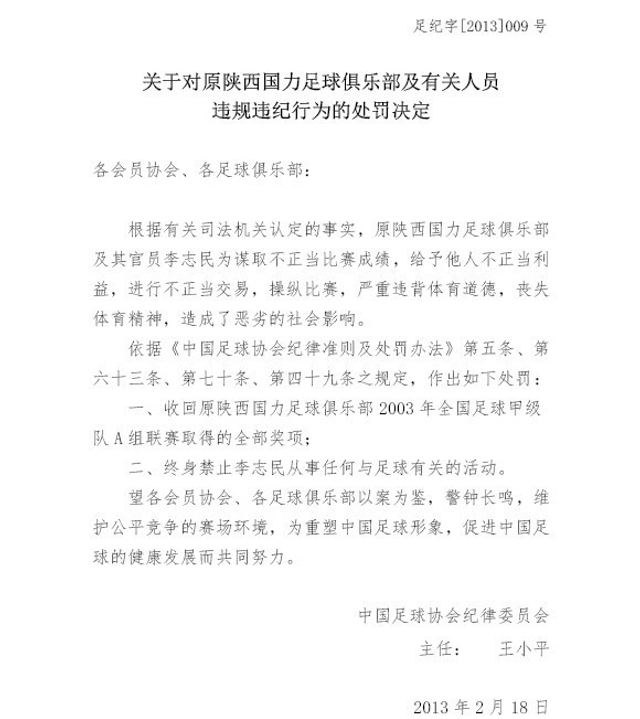 对原陕西国力足球俱乐部处罚决定