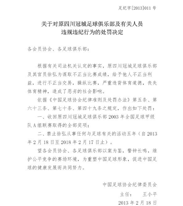 对原四川冠城足球俱乐部处罚决定