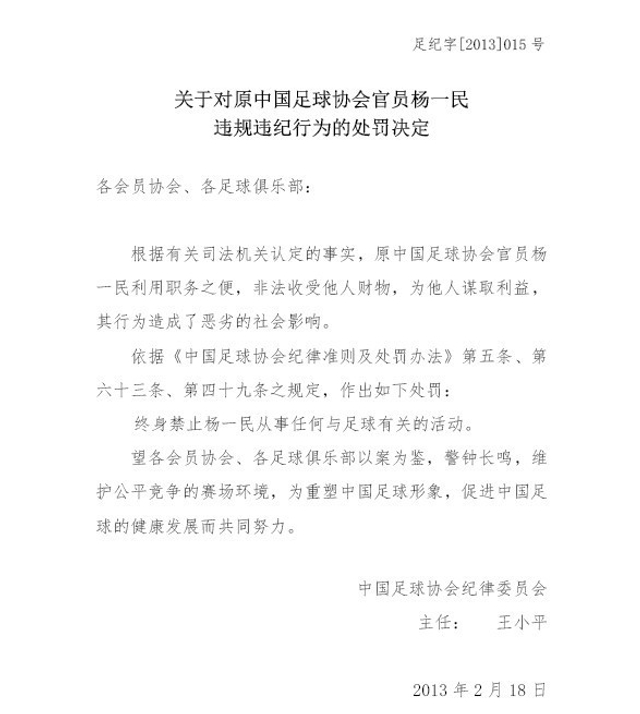 对杨一民的处罚决定