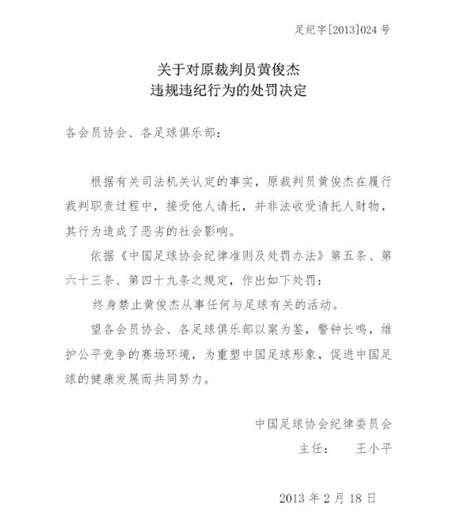 对黄俊杰的处罚决定