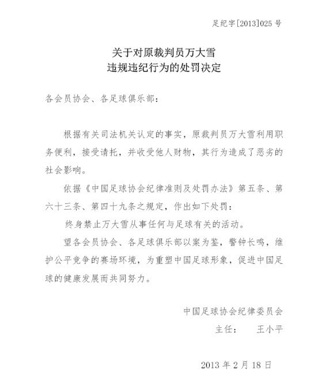 对万大雪的处罚决定