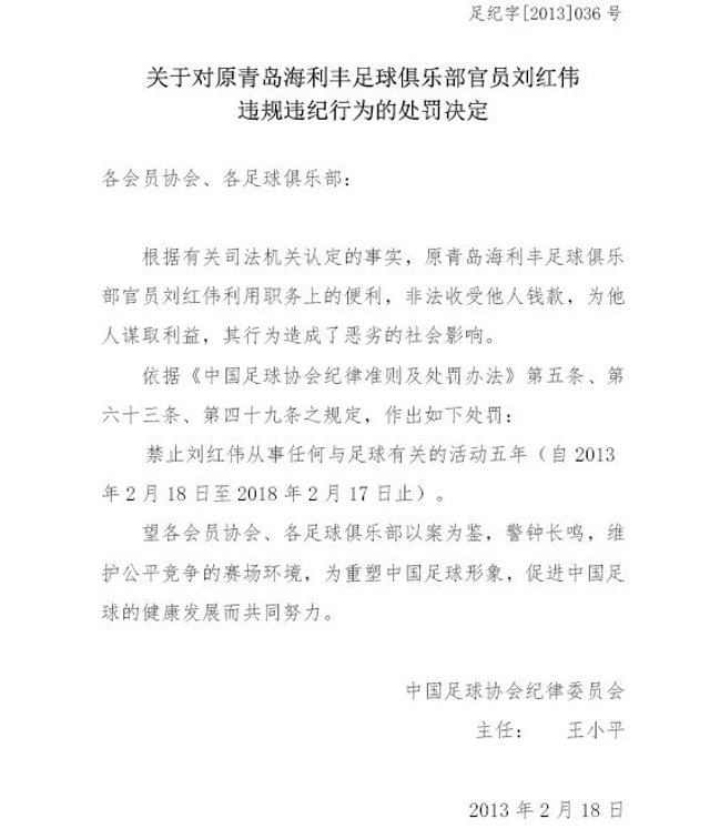 对刘红伟的处罚决定