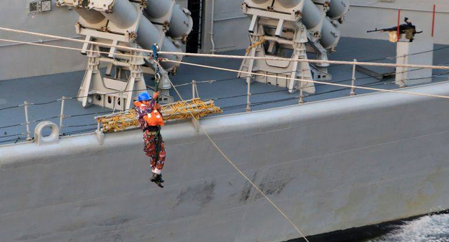 印度海军士兵进行两舰海上传递